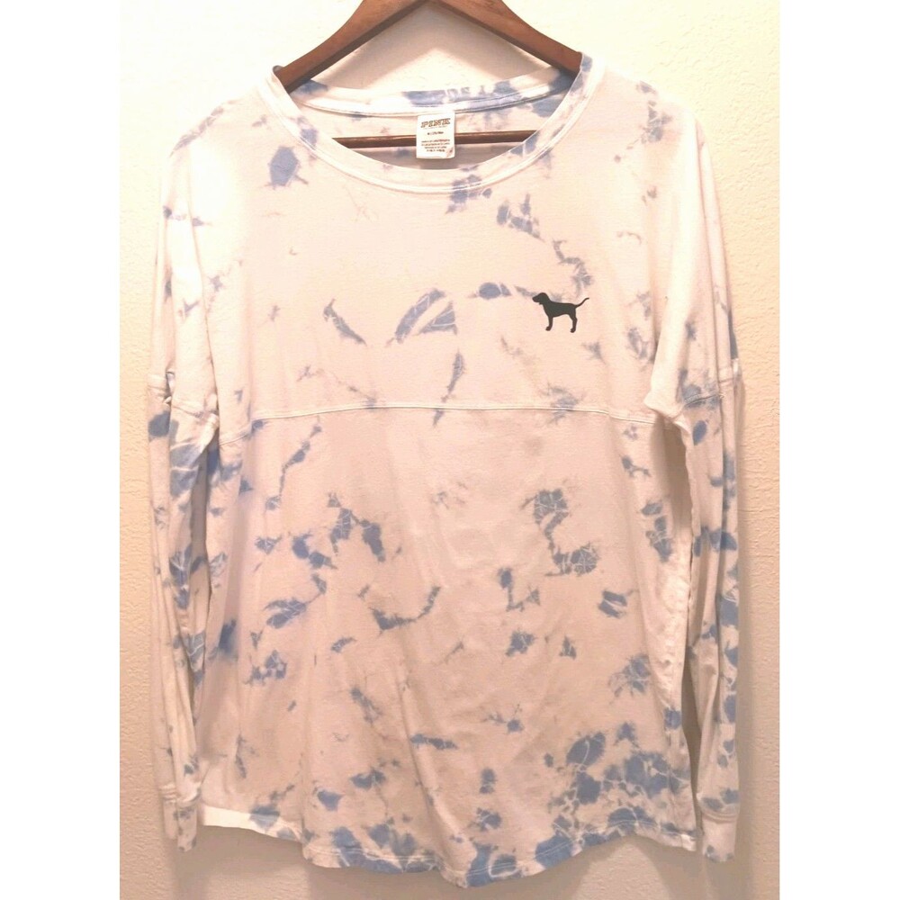Victoria's Secret PINK Varsity Jersey Tee Blue Tie Dye Long Sleeve Lace Up Sze M